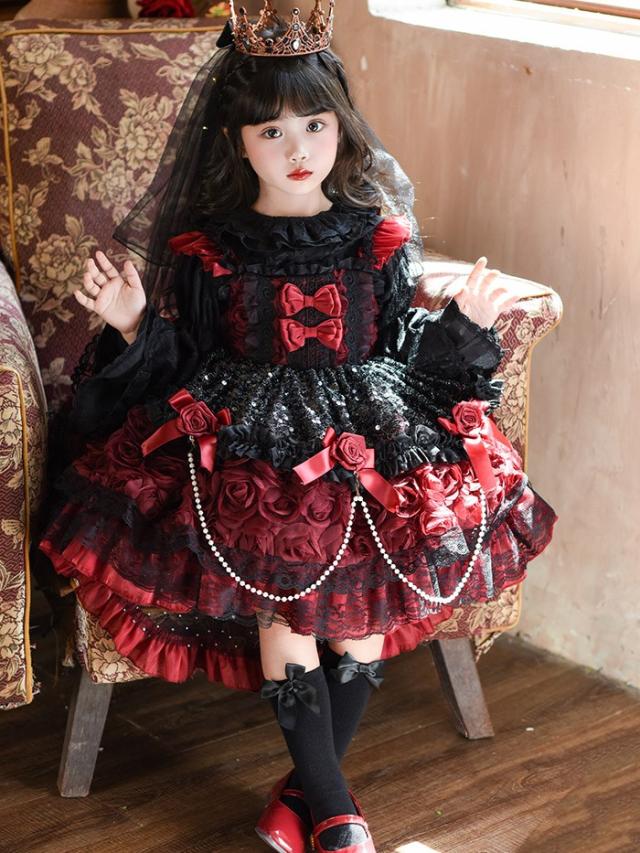 キッズドレス ゴシック風 ロリータ風 上下セット 上衣＋ワンピース 女の子 2WAY 衣装 フォーマル ワインレッド 黒 バラモチーフ パール付き 100 110 120 130 140 150cm