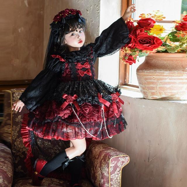 キッズドレス ゴシック風 ロリータ風 上下セット 上衣＋ワンピース 女の子 2WAY 衣装 フォーマル ワインレッド 黒 バラモチーフ パール付き 100 110 120 130 140 150cm