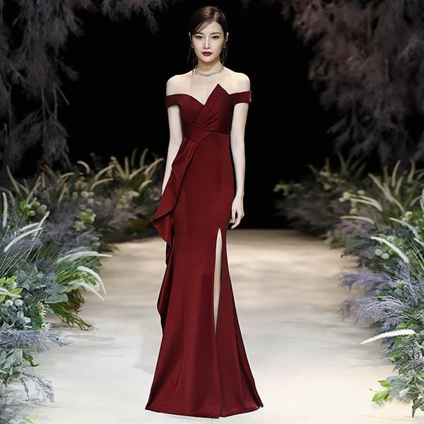 送料無料】ドレス ロングドレス マーメイド オフショルダー スリット