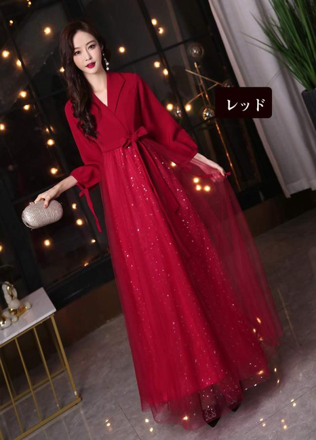 送料無料】パーティードレス ロング 演奏会 袖付き ドレス 大きい