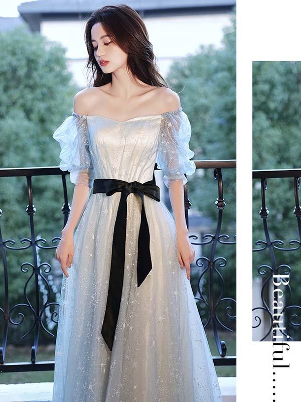 送料無料】パーティードレス ロング 演奏会 袖付き キラキラ 星柄