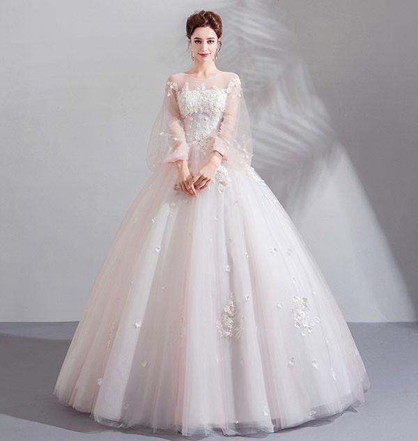 花嫁 ウェディングドレス イリュージョンネック プリンセスライン 白ドレス 花柄 ワンピース プリンセス かわいい シンプル 結婚式 披露宴 前撮り 後撮り 撮影用 フォトウェディング 小柄 小さいサイズ 大きいサイズ ロングドレス da151n1n1l9_6