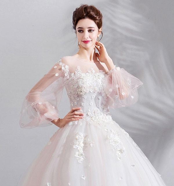 花嫁 ウェディングドレス イリュージョンネック プリンセスライン 白ドレス 花柄 ワンピース プリンセス かわいい シンプル 結婚式 披露宴 前撮り 後撮り 撮影用 フォトウェディング 小柄 小さいサイズ 大きいサイズ ロングドレス da151n1n1l9_7