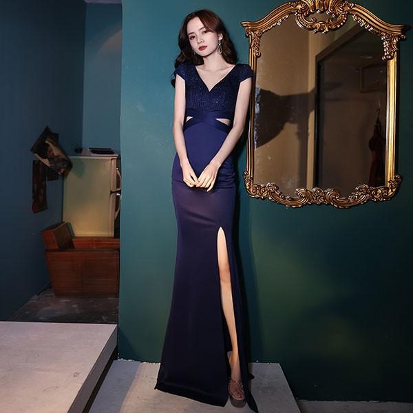 送料無料】8色 マーメイドドレス スリット入り 腰だし ロングドレス