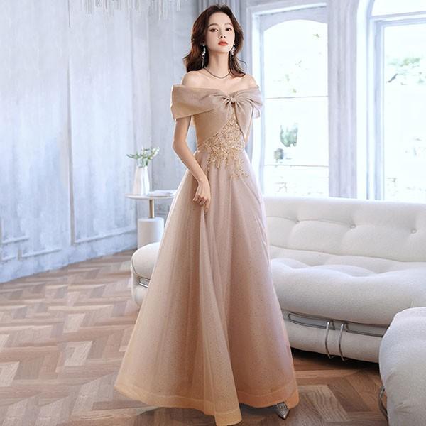 送料無料】ビッグリボン オフショルダー ロングドレス ミモレ丈ドレス