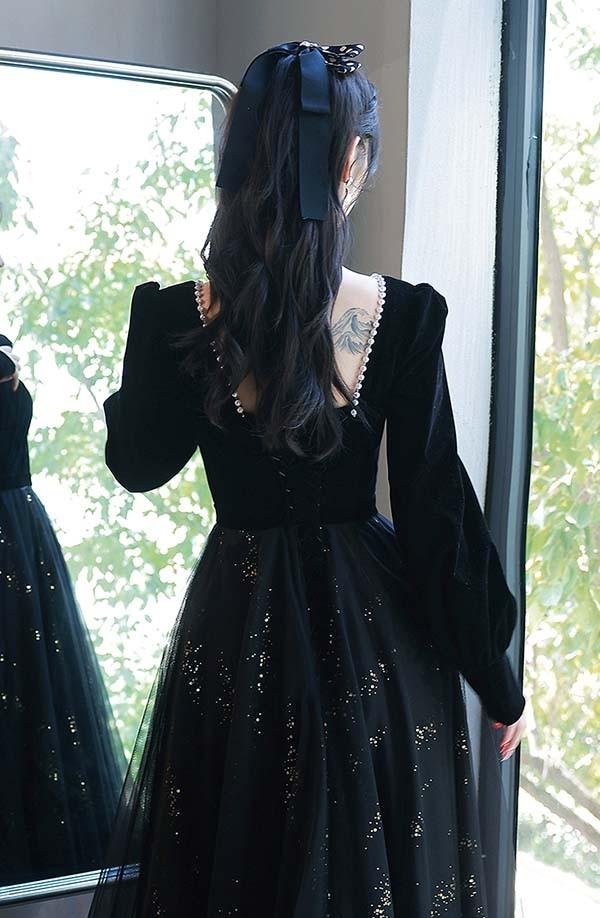 【送料無料】ドレス 大人 ピアノ 発表会 ロングドレス 演奏会 結婚式 母親 ピアノ発表会 黒 袖付き キラキラ ワンピース 長袖 演奏会ドレス 演奏会用_9
