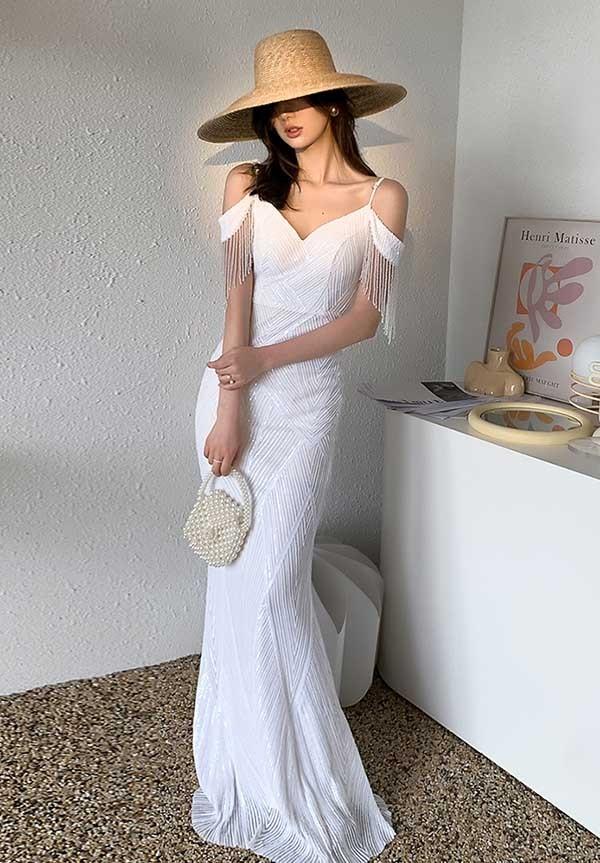 【送料無料】ドレス 大人 ピアノ 発表会 マーメイド オフショルダー ロングドレス 演奏会 結婚式 母親 ピアノ発表会 白 袖付き ワンピース 半袖_9