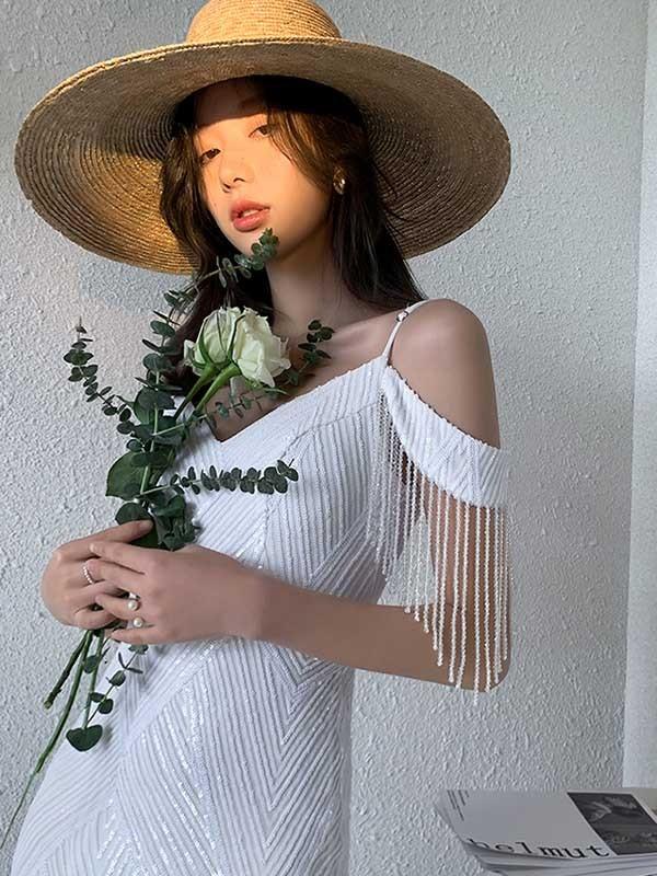 【送料無料】ドレス 大人 ピアノ 発表会 マーメイド オフショルダー ロングドレス 演奏会 結婚式 母親 ピアノ発表会 白 袖付き ワンピース 半袖_10