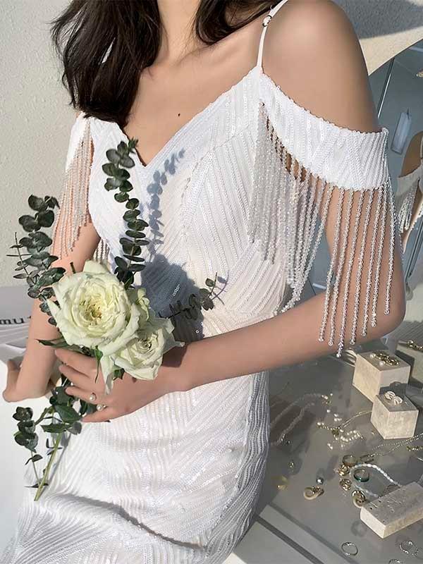 【送料無料】ドレス 大人 ピアノ 発表会 マーメイド オフショルダー ロングドレス 演奏会 結婚式 母親 ピアノ発表会 白 袖付き ワンピース 半袖_2