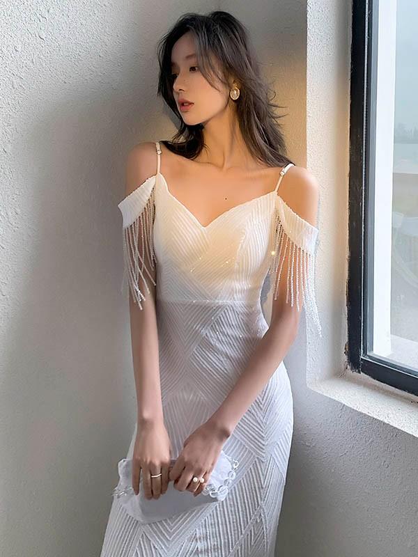【送料無料】ドレス 大人 ピアノ 発表会 マーメイド オフショルダー ロングドレス 演奏会 結婚式 母親 ピアノ発表会 白 袖付き ワンピース 半袖_5