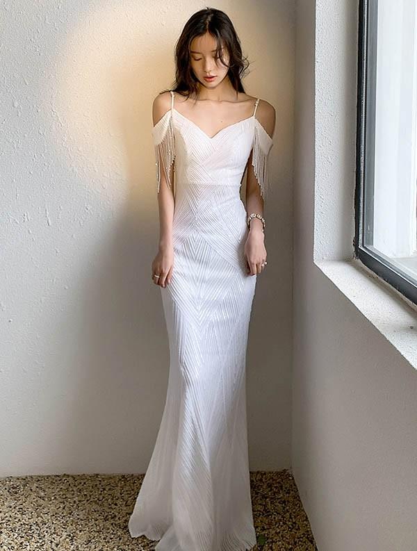 【送料無料】ドレス 大人 ピアノ 発表会 マーメイド オフショルダー ロングドレス 演奏会 結婚式 母親 ピアノ発表会 白 袖付き ワンピース 半袖_7