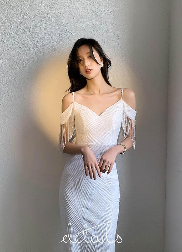 【送料無料】ドレス 大人 ピアノ 発表会 マーメイド オフショルダー ロングドレス 演奏会 結婚式 母親 ピアノ発表会 白 袖付き ワンピース 半袖_8