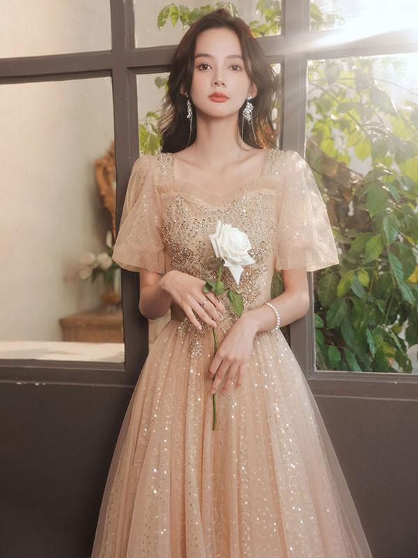 【送料無料】ドレス 大人 ピアノ 発表会 ロングドレス 演奏会 結婚式 母親 ピアノ発表会 袖付き ワンピース 半袖 演奏会ドレス 演奏会用ドレス_1