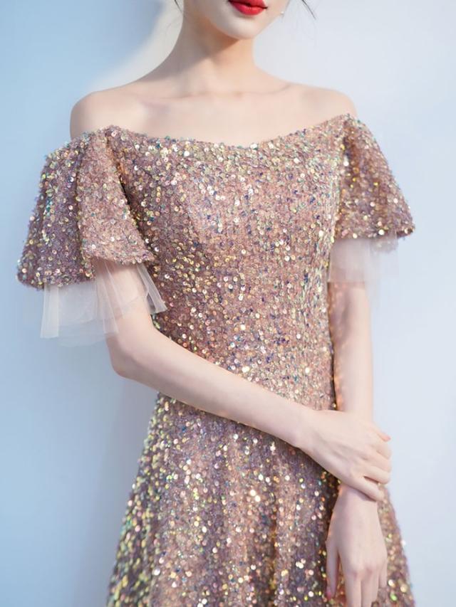 ドレス 大人 ピアノ 発表会 キラキラ ショート丈ドレス オフショルダー 演奏会 演奏会用ドレス ピアノ発表会 ショート丈 結婚式 高校生 パーティードレス 大きいサイズ イブニングドレス 演奏会ドレス_1