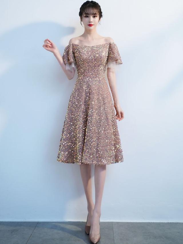 ドレス 大人 ピアノ 発表会 キラキラ ショート丈ドレス オフショルダー 演奏会 演奏会用ドレス ピアノ発表会 ショート丈 結婚式 高校生 パーティードレス 大きいサイズ イブニングドレス 演奏会ドレス_3