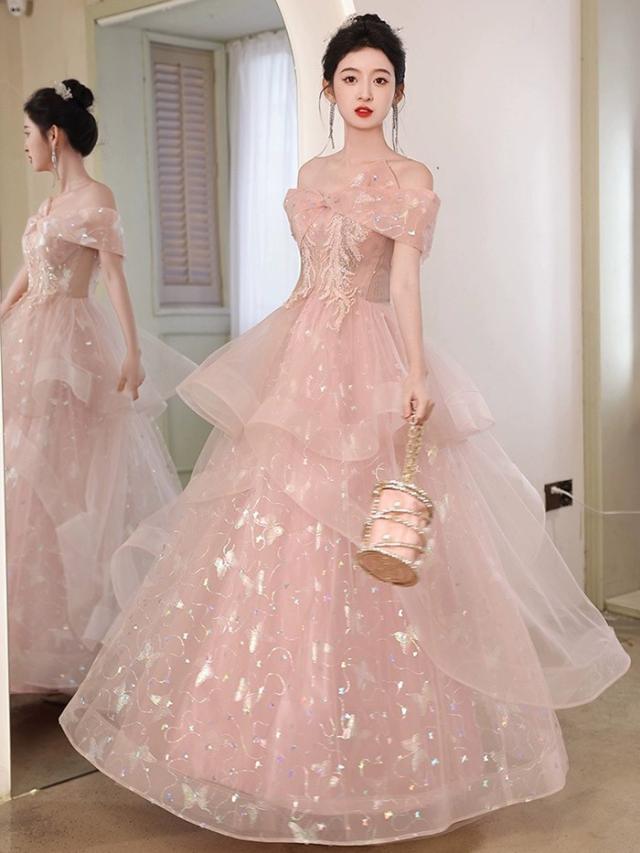 オフショルダー ロング ドレス Aライン フェザー 装飾 羽飾り デコルテ