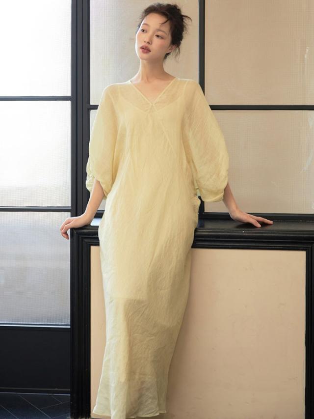 ワンピース 大人可愛い 夏ワンピース ゆるワンピ 夏 小柄 サマー ワンピ レディース 五分袖 Vネック ロング丈 ロングワンピ 大人 体型カバー 旅行 シンプル オシャレ 韓国 無地 20代 30代 40代_4