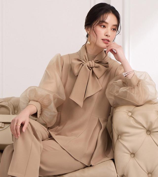 セットアップ レディース パンツドレス ママスーツ シフォン袖 2WAY トップス＋パンツ リボン付き フォーマル 結婚式 披露宴 パーティー 通勤 3色 S-3L 春 秋 冬 上下セット_9
