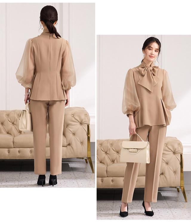 セットアップ レディース パンツドレス ママスーツ シフォン袖 2WAY トップス＋パンツ リボン付き フォーマル 結婚式 披露宴 パーティー 通勤 3色 S-3L 春 秋 冬 上下セット_10