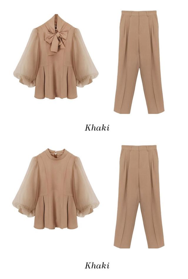 セットアップ レディース パンツドレス ママスーツ シフォン袖 2WAY トップス＋パンツ リボン付き フォーマル 結婚式 披露宴 パーティー 通勤 3色 S-3L 春 秋 冬 上下セット_11