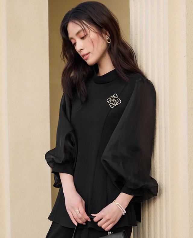 セットアップ レディース パンツドレス ママスーツ シフォン袖 2WAY トップス＋パンツ リボン付き フォーマル 結婚式 披露宴 パーティー 通勤 3色 S-3L 春 秋 冬 上下セット_13