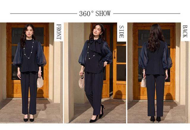 セットアップ レディース パンツドレス ママスーツ シフォン袖 2WAY トップス＋パンツ リボン付き フォーマル 結婚式 披露宴 パーティー 通勤 3色 S-3L 春 秋 冬 上下セット_15