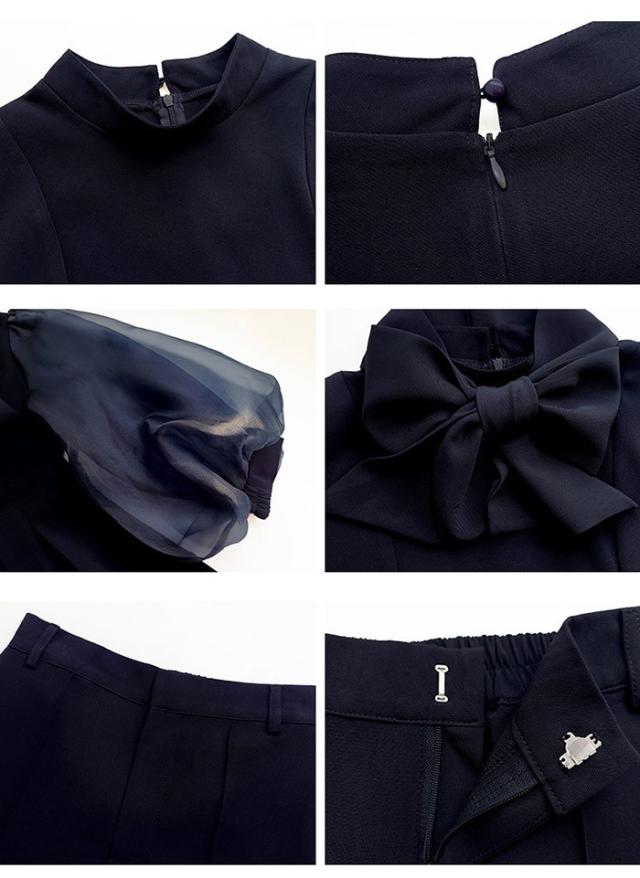 セットアップ レディース パンツドレス ママスーツ シフォン袖 2WAY トップス＋パンツ リボン付き フォーマル 結婚式 披露宴 パーティー 通勤 3色 S-3L 春 秋 冬 上下セット_16