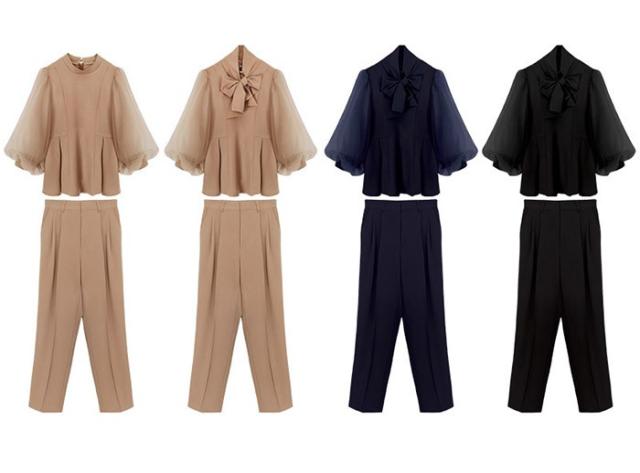 セットアップ レディース パンツドレス ママスーツ シフォン袖 2WAY トップス＋パンツ リボン付き フォーマル 結婚式 披露宴 パーティー 通勤 3色 S-3L 春 秋 冬 上下セット_17