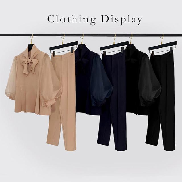 セットアップ レディース パンツドレス ママスーツ シフォン袖 2WAY トップス＋パンツ リボン付き フォーマル 結婚式 披露宴 パーティー 通勤 3色 S-3L 春 秋 冬 上下セット_3