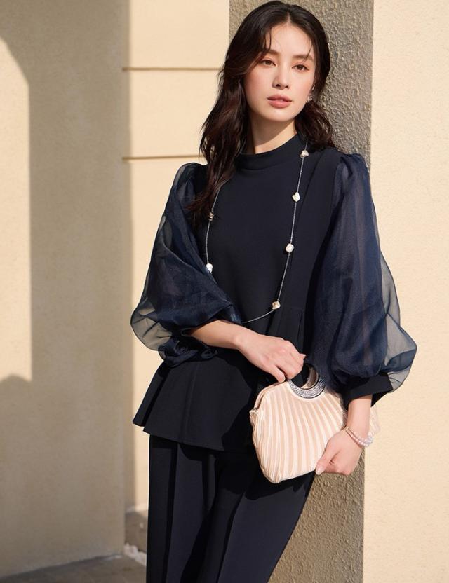 セットアップ レディース パンツドレス ママスーツ シフォン袖 2WAY トップス＋パンツ リボン付き フォーマル 結婚式 披露宴 パーティー 通勤 3色 S-3L 春 秋 冬 上下セット_4