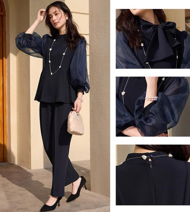 セットアップ レディース パンツドレス ママスーツ シフォン袖 2WAY トップス＋パンツ リボン付き フォーマル 結婚式 披露宴 パーティー 通勤 3色 S-3L 春 秋 冬 上下セット_5