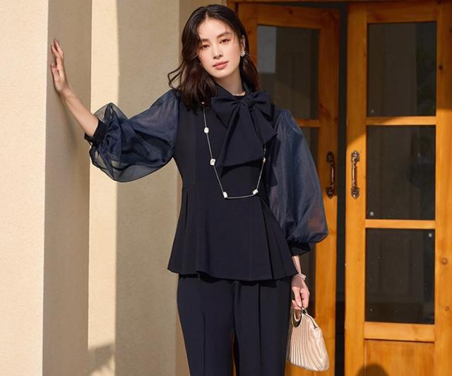 セットアップ レディース パンツドレス ママスーツ シフォン袖 2WAY トップス＋パンツ リボン付き フォーマル 結婚式 披露宴 パーティー 通勤 3色 S-3L 春 秋 冬 上下セット_6