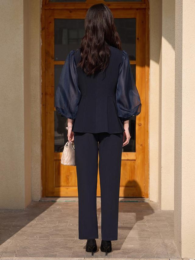 セットアップ レディース パンツドレス ママスーツ シフォン袖 2WAY トップス＋パンツ リボン付き フォーマル 結婚式 披露宴 パーティー 通勤 3色 S-3L 春 秋 冬 上下セット_7