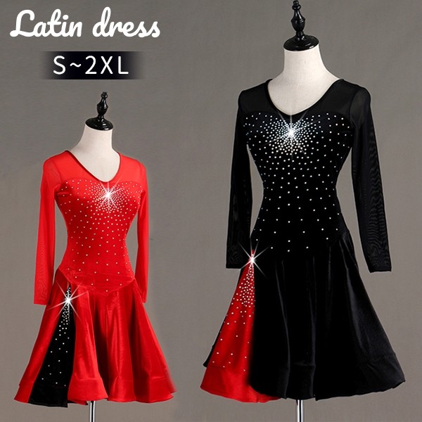 【送料無料】社交ダンス ラテンドレス 競技用ドレス 長袖 ワンピース ステージ衣装 ラテン専用ドレス レッスン着 ラテンドレス スパンコール 発表会用