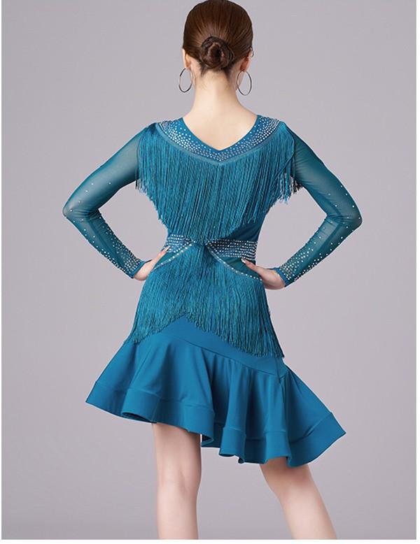 社交ダンス用ラテンドレス フリンジ付き 黒青緑 社交ダンス用ラテン