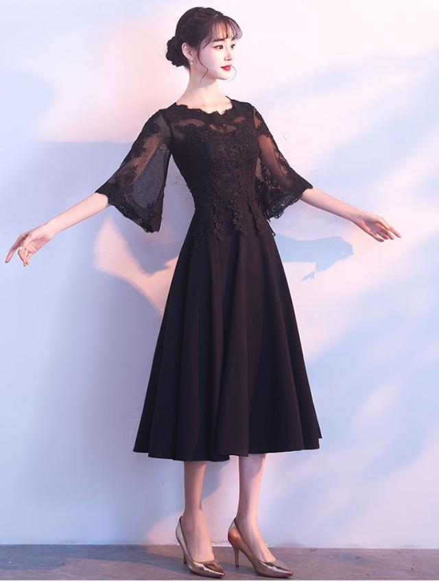 送料無料】ロングドレス 演奏会 袖付き ブラックドレス 演奏会用ドレス