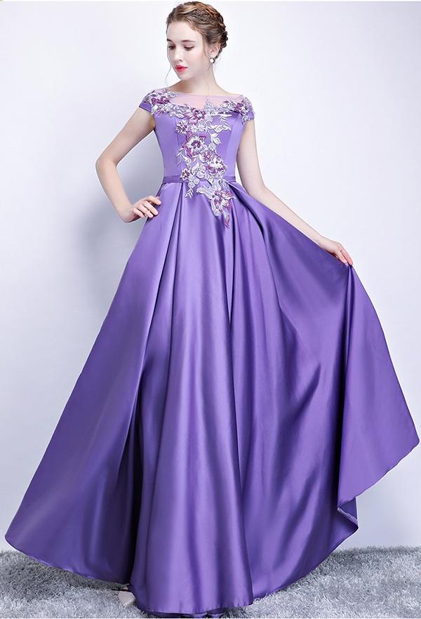 送料無料】ロングドレス 演奏会 袖付き パープル ロングドレス 母親