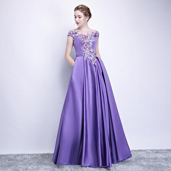 送料無料】ロングドレス 演奏会 袖付き パープル ロングドレス 母親