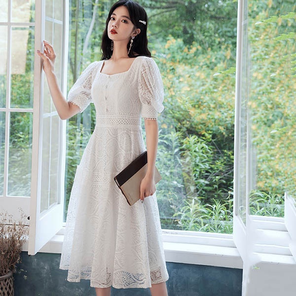 【送料無料】パーティードレス 結婚式 ワンピース フォーマル ワンピース レースワンピース 結婚式 フォーマルドレス ミモレ丈 袖あり 総レース ホワイト 袖付き 白ワンピース Aライン レディース きれいめ