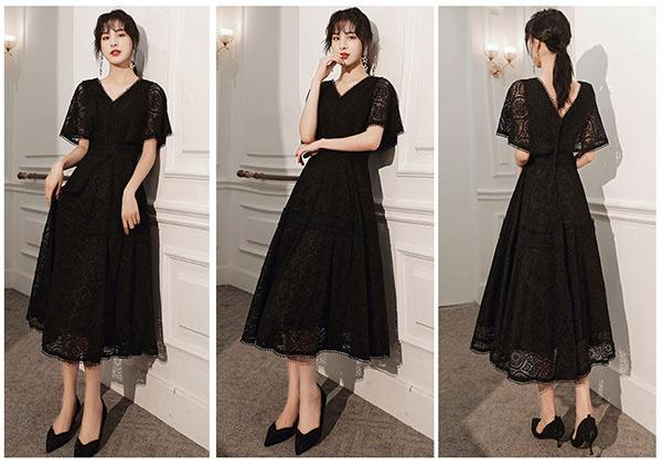 送料無料】結婚式ワンピース ミモレ丈 パーティードレス 袖あり