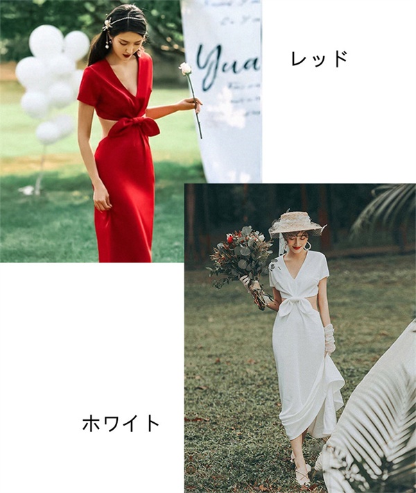 【送料無料】ウエディングドレス ワンピース 白 結婚式 二次会 披露宴 前撮り 後撮り スレンダー バックリボン ロング ビーチフォト 二次会ドレス 花嫁ドレス 花嫁 ホワイト春 夏 秋 フォトウェディング_1