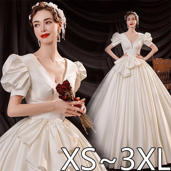 ウエディングドレス 結婚式 プリンセスドレス 袖あり パフスリーブ Vネック オープンバック リボン 盛り袖 お色直し フォト婚 写真撮影 ワンピース 二次会 披露宴 前撮り ロング ビーチフォト 花嫁ドレス 花嫁 ホワイト シンプル フォトウェディング 撮影 20代 30代 kr035s3