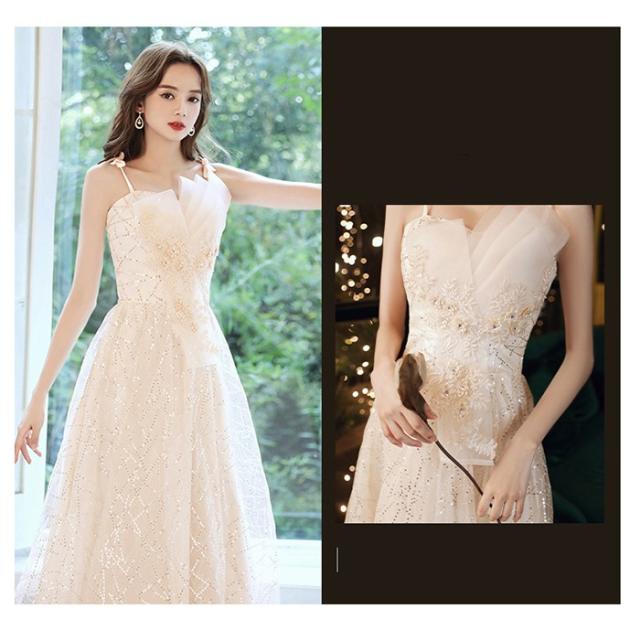 パーティードレス ロング丈 ロングドレス ワンピース パーティー ナイト 大人 ピアノ 発表会 結婚式 謝恩会 写真用 スレンダーライン 演出 司会 舞踏会 花嫁 シャンパン S M L 2L 3L 4L シャンパン_5