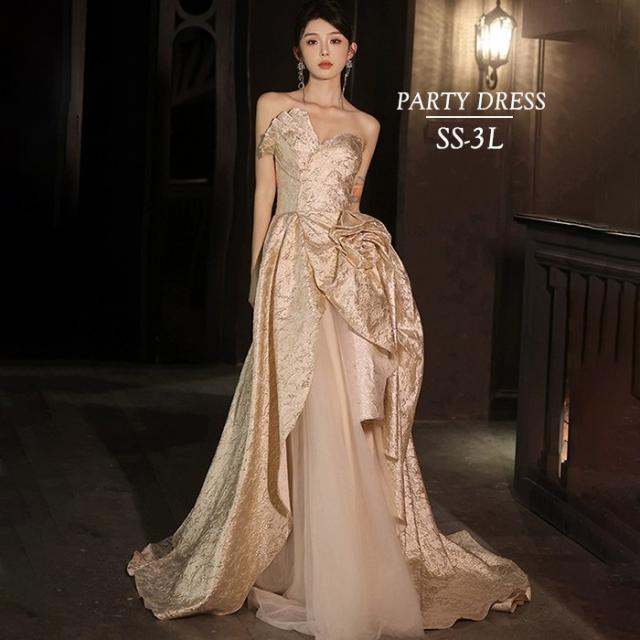 パーティードレス ロング丈 ロングドレス ワンピース パーティー ナイト 大人 ピアノ 発表会 結婚式 謝恩会 写真用 スレンダーライン 演出 司会 舞踏会 花嫁 ゴールド SS S M L 2L 3L
