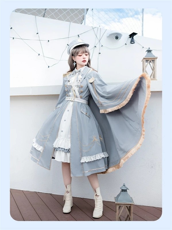 ミニロリ 軍服ロリータ ゴスロリ フルセット ワンピース 長袖あり 肩章 大正風 ペリースマント 全掛マント  ホワイト 白 ブルー 膝丈 レディース エポレット 膝丈ワンピース ロリドレス 学園祭 文化祭 イベント_2