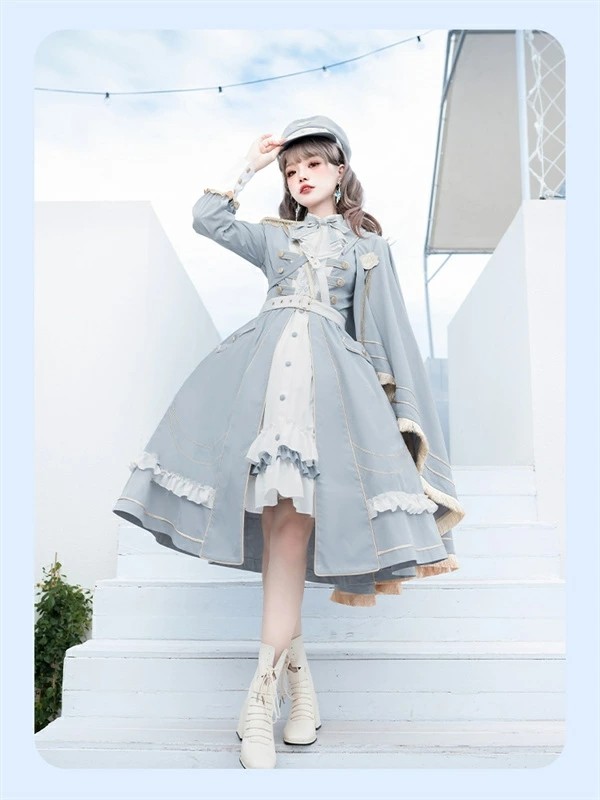 ミニロリ 軍服ロリータ ゴスロリ フルセット ワンピース 長袖あり 肩章 大正風 ペリースマント 全掛マント  ホワイト 白 ブルー 膝丈 レディース エポレット 膝丈ワンピース ロリドレス 学園祭 文化祭 イベント_3