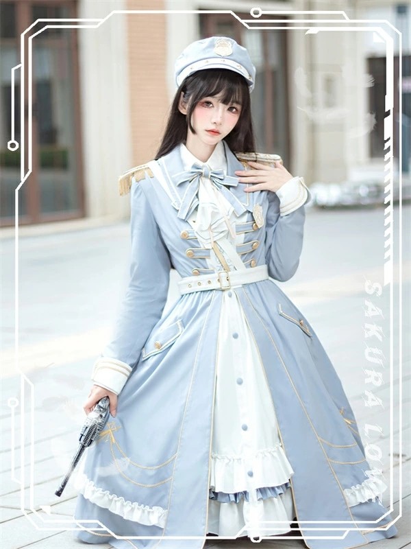 ミニロリ 軍服ロリータ ゴスロリ フルセット ワンピース 長袖あり 肩章 大正風 ペリースマント 全掛マント  ホワイト 白 ブルー 膝丈 レディース エポレット 膝丈ワンピース ロリドレス 学園祭 文化祭 イベント_4