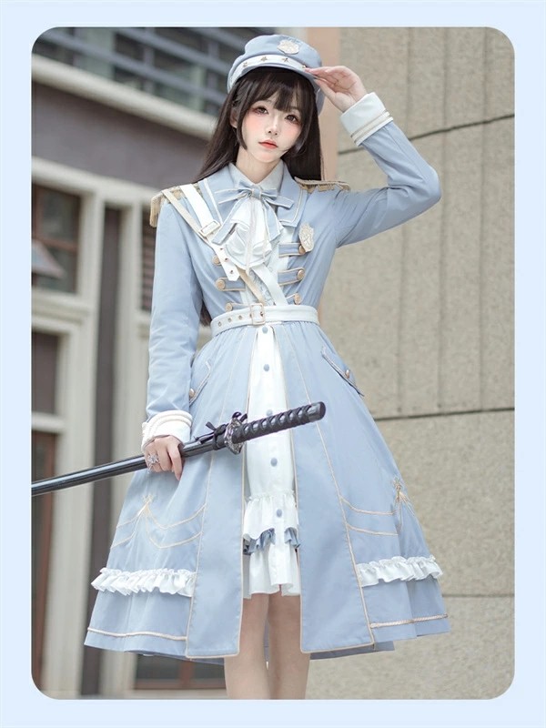 ミニロリ 軍服ロリータ ゴスロリ フルセット ワンピース 長袖あり 肩章 大正風 ペリースマント 全掛マント  ホワイト 白 ブルー 膝丈 レディース エポレット 膝丈ワンピース ロリドレス 学園祭 文化祭 イベント_5