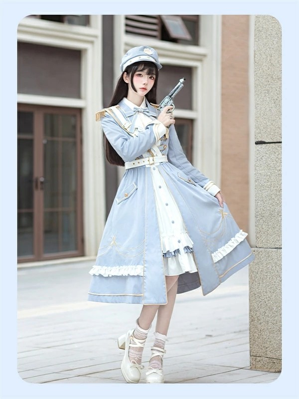 ミニロリ 軍服ロリータ ゴスロリ フルセット ワンピース 長袖あり 肩章 大正風 ペリースマント 全掛マント  ホワイト 白 ブルー 膝丈 レディース エポレット 膝丈ワンピース ロリドレス 学園祭 文化祭 イベント_6