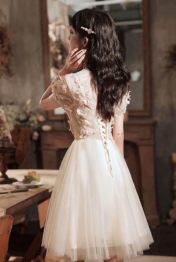 ショートドレス ドレス 大人 ピアノ 発表会 袖付き 可愛い Vネック 膝